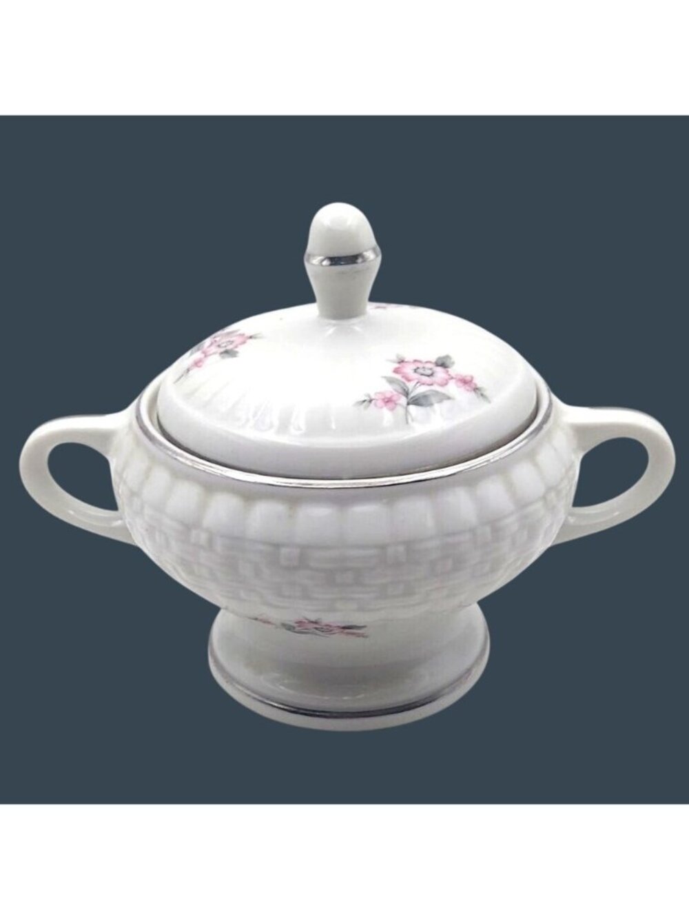 Hall China Forman Family Porcelain Floral Sugar Bowl Lid Handles USA Vintage MCM